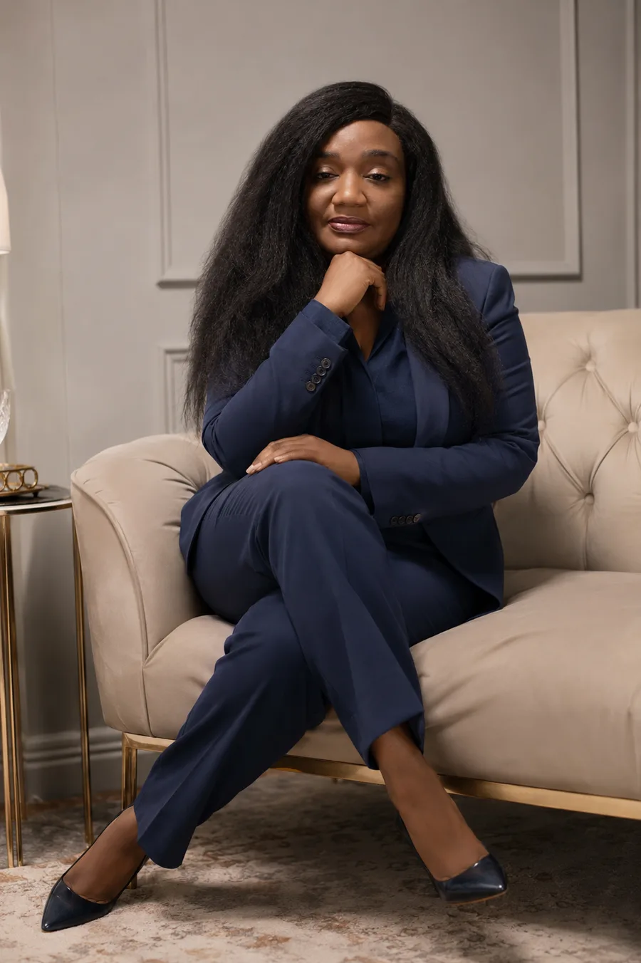 Sally, creator of BuiltwithSally, in a navy suit
